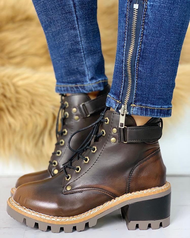 

Rivet Lace-Up Eyelet Martin Boot, Coffee
