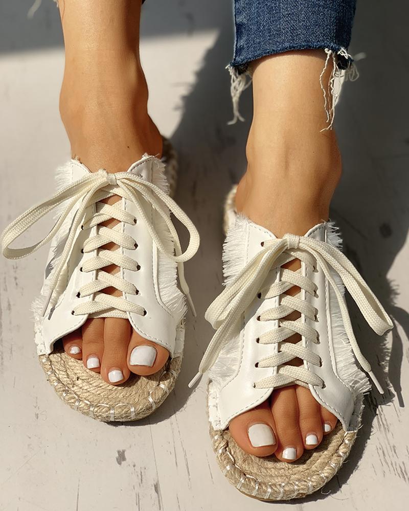 

Sequins Lace-Up Espadrille Casual Flat Sandals, White