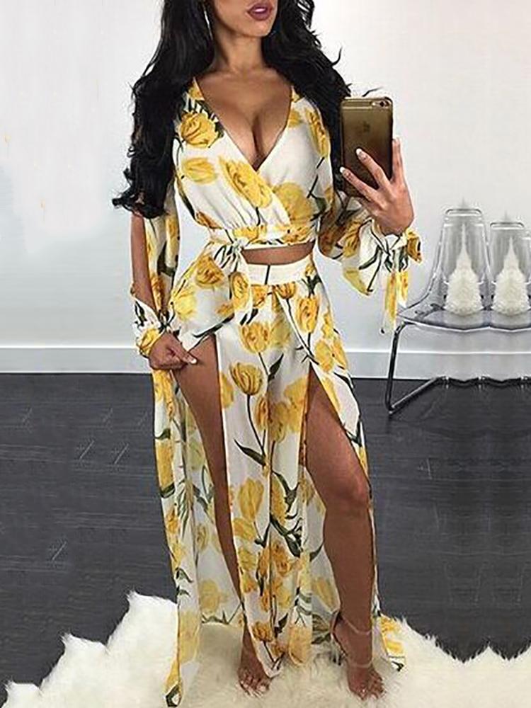 

Floral Print Tied  Slit Flared Pantsuit, Green;yellow