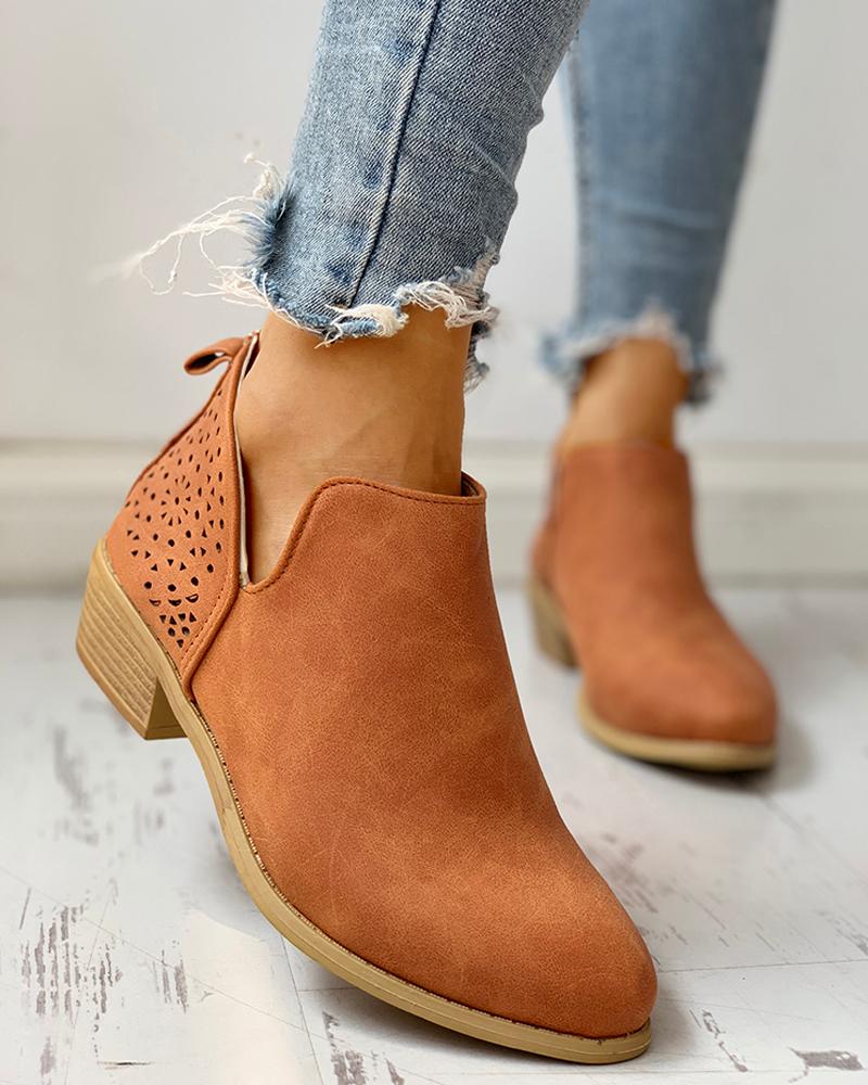 

Solid PU Eyelet Hollow Out Chunky Heeled Boots, Brown