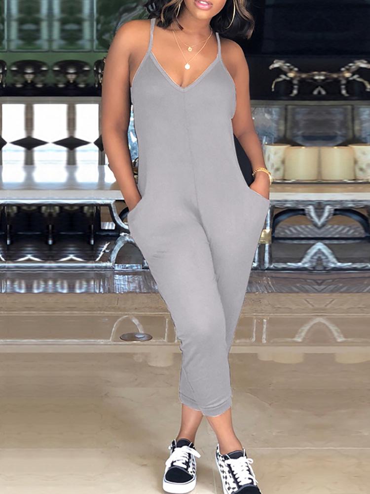 

Solid Racer-Back Loose Slip Casual Jumpsuit