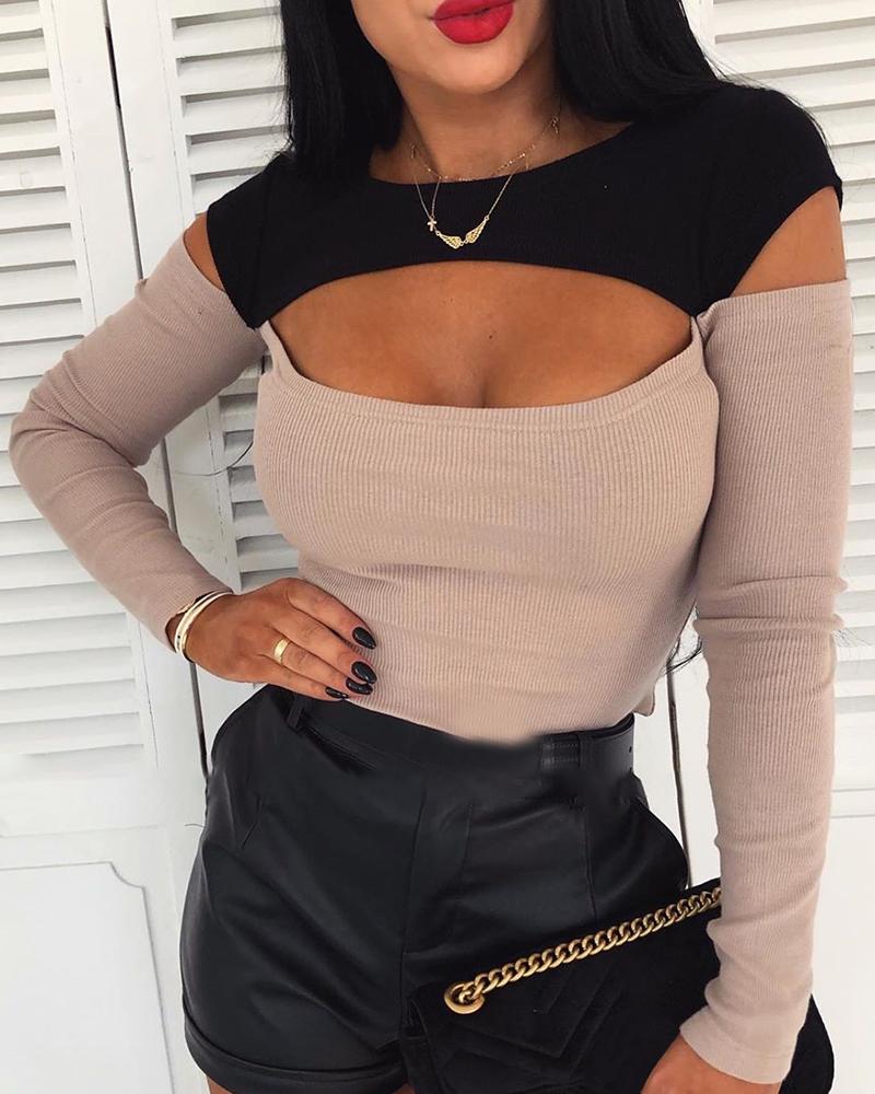 

Colorblock Cutout Long Sleeve Top, Khaki
