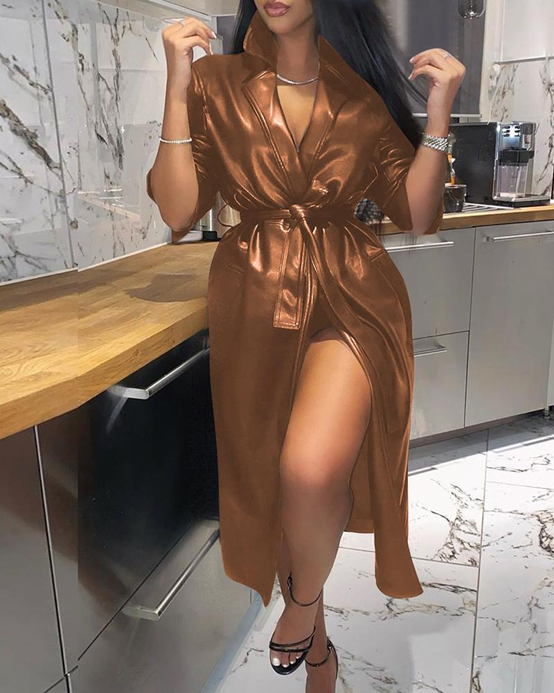 

Plain Long Sleeve PU Leather Longline Coat, Brown