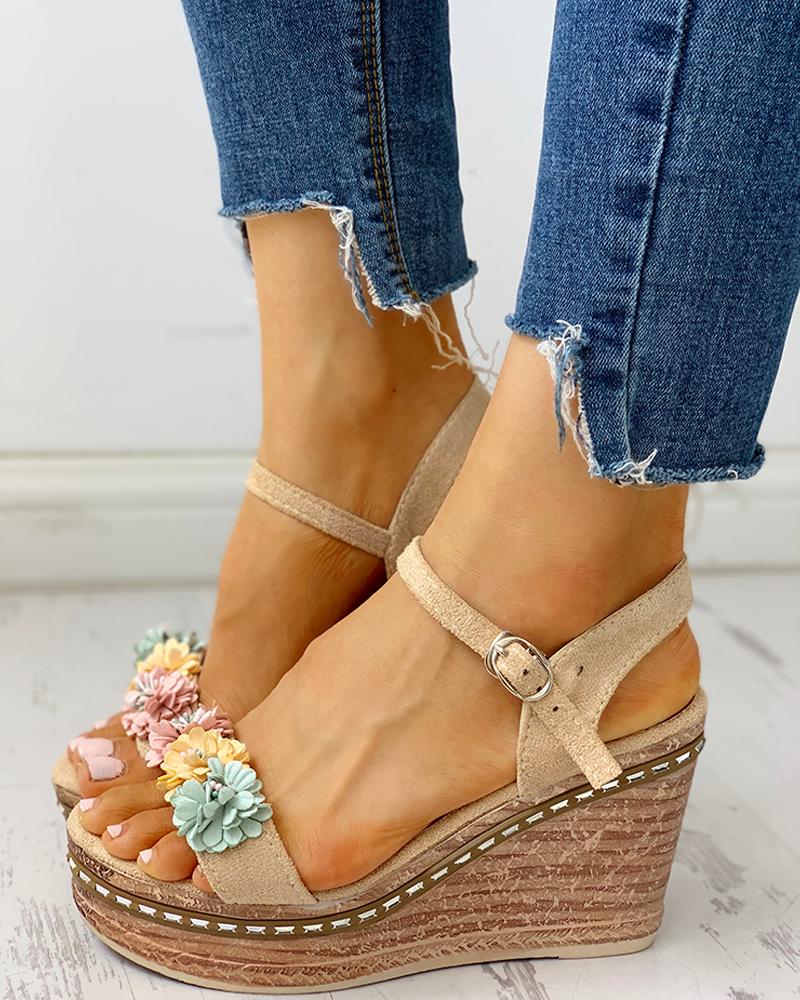 

Suede Flower Embellished Platform Wedge Sandals, Apricot