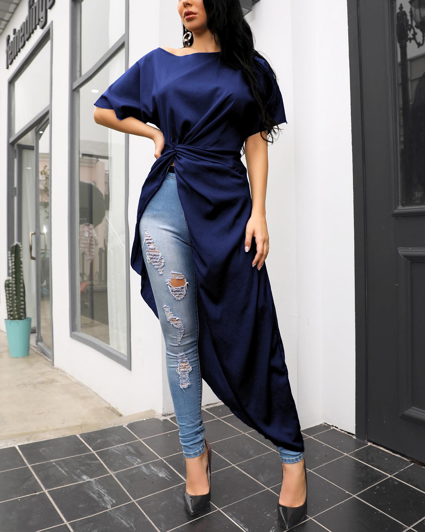 

Short Sleeve Twisted Dip Hem Blouse, Dark blue