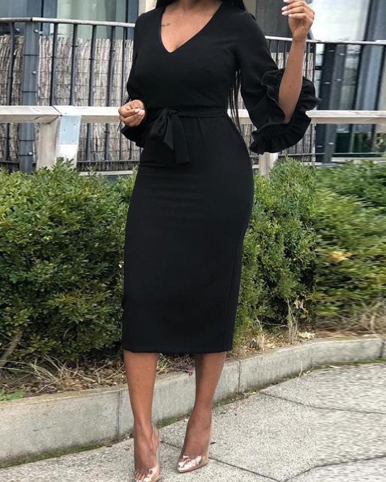 

V-Neck Ruffles Sleeve Belted Dress, Black