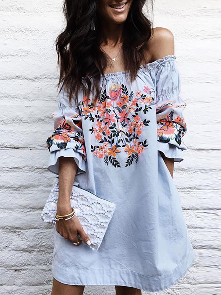 

Stylish Floral Shirring Off Shoulder Casual Dress, Blue
