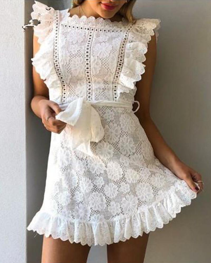 

Ruffle Trim Lace Mini Dress, White