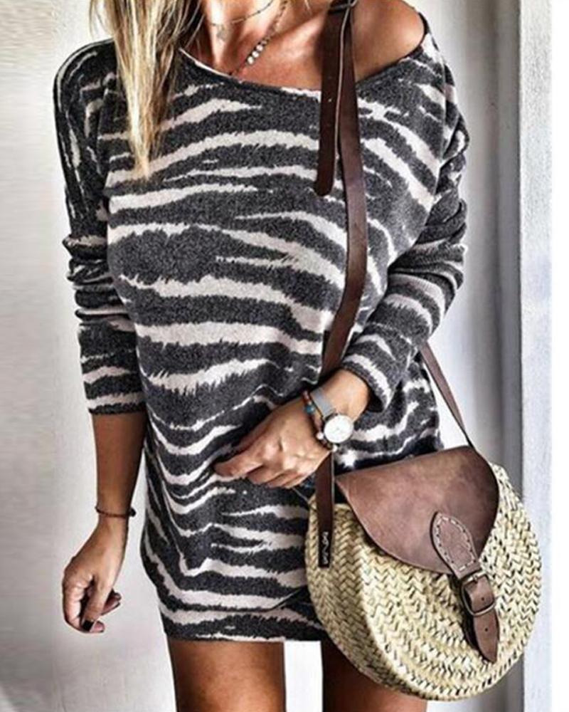 

Round Neck Striped Mini Dress, Beige