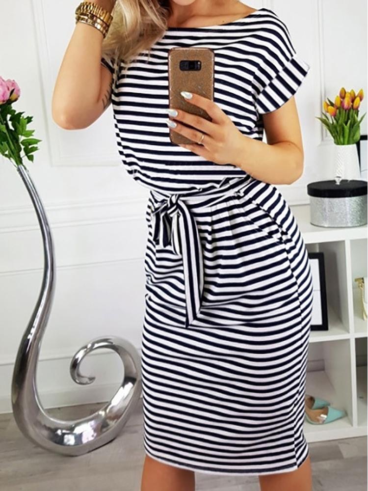 

Stripes Tied Waist Pocket Casual Dress