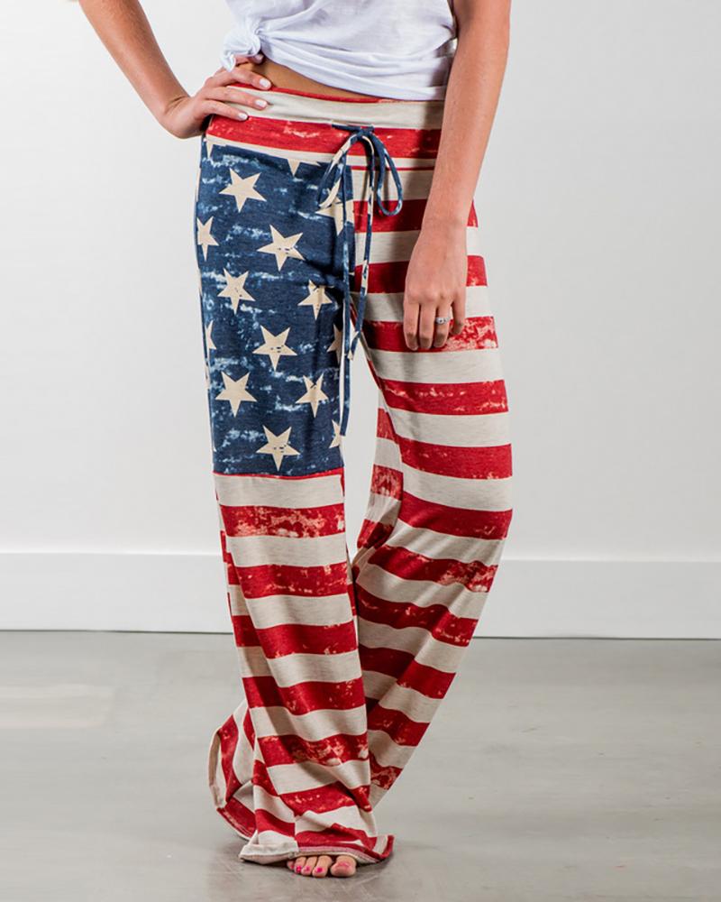 

Stars Print Striped High Waist Casual Pants, Red