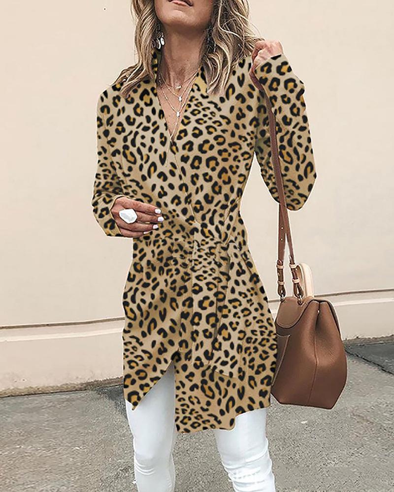 

Leopard Print Tie Waist Tunic, Yellow