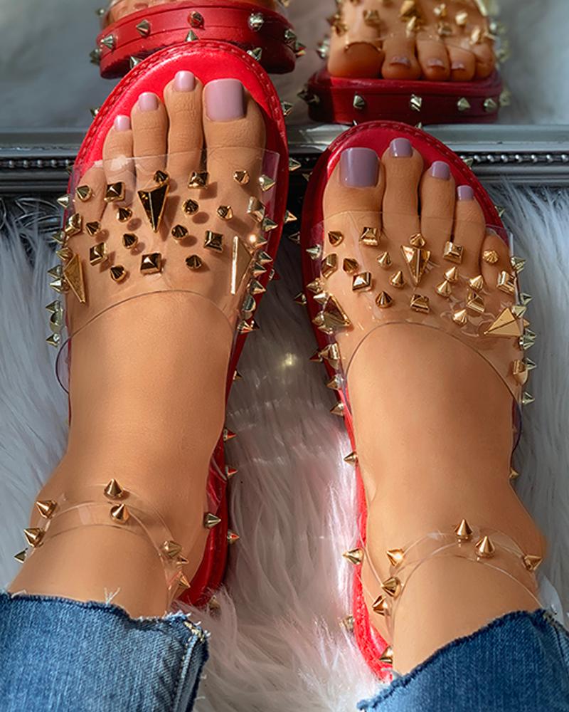 

Rivet Clear Perspex Ankle Strap Flat Slider Sandals, Red
