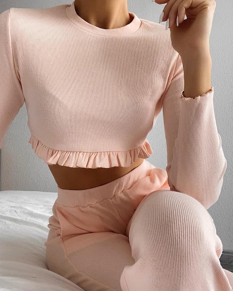 

Solid Long Sleeve Frill Hem Top & Pants Set, Pink
