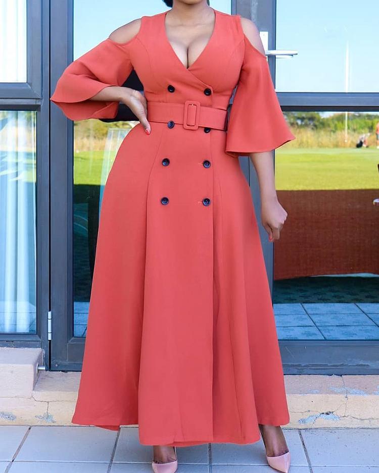 

Cold Shoulder Double-Breasted Belted Dress