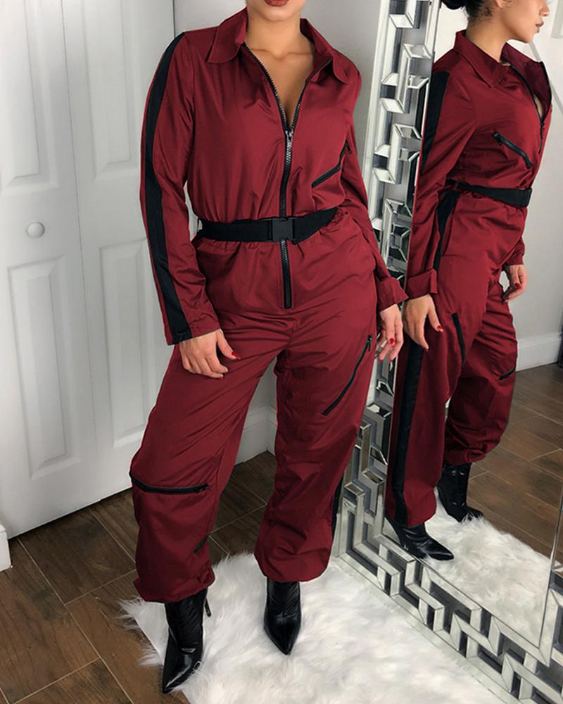 

Zipper Design Jumpsuits With Buckle Belt, Wine red