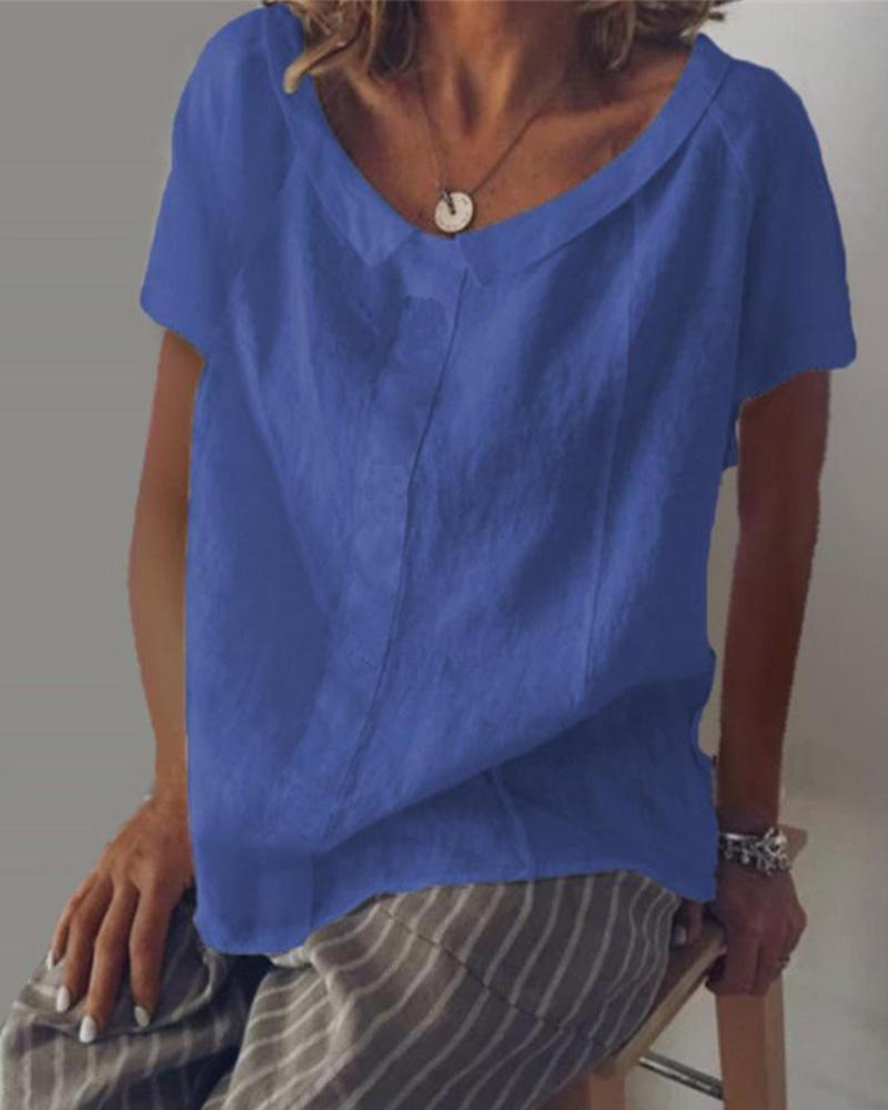 

Linen Blend Short Sleeve Top, Blue