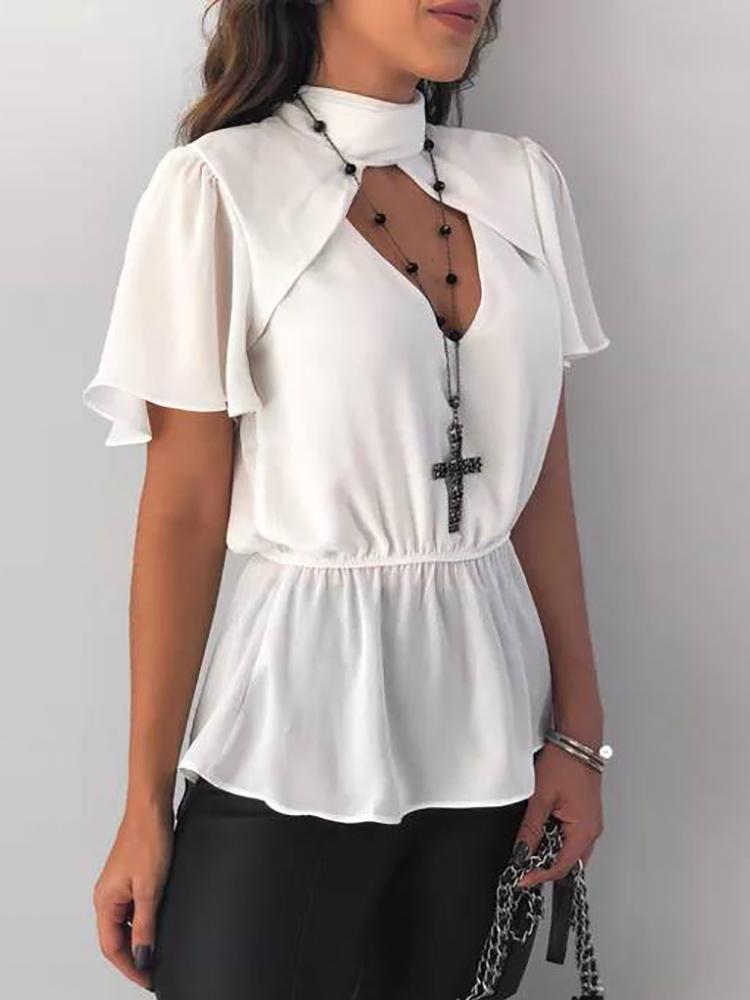 

Solid Choker V Neck Cutout Front Blouse