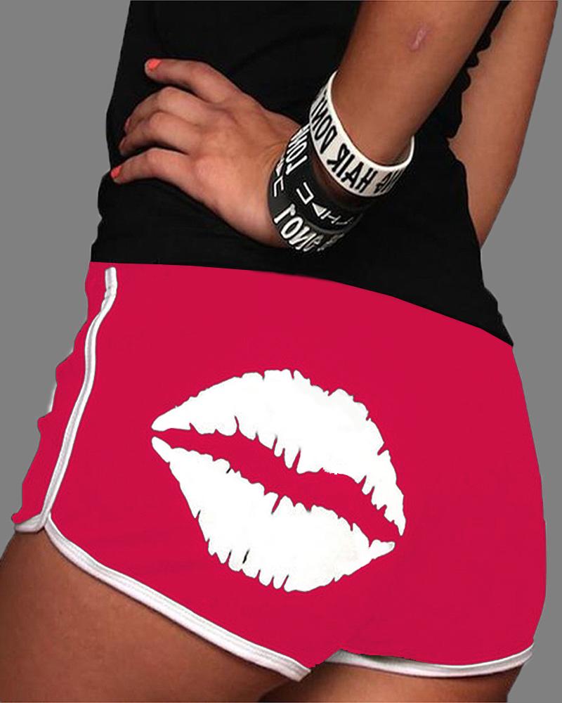 

Contrast Binding Lip Print Sporty Shorts, Red