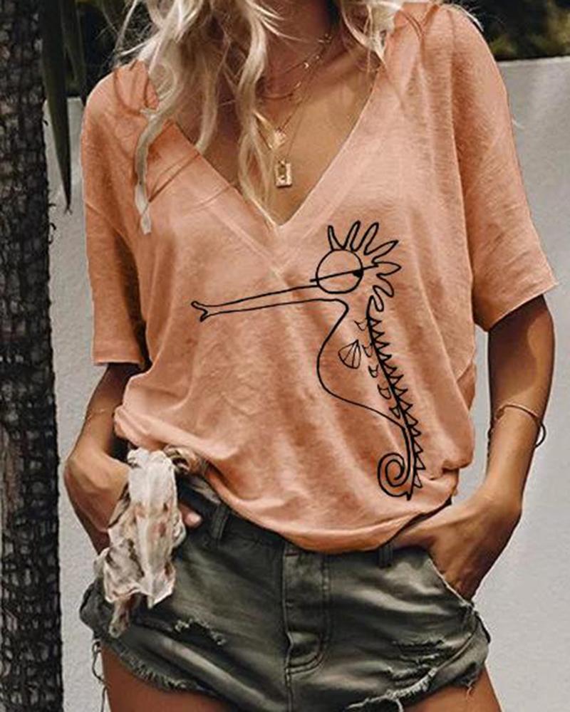 

V-neck printed casual short sleeve women's top, Orange