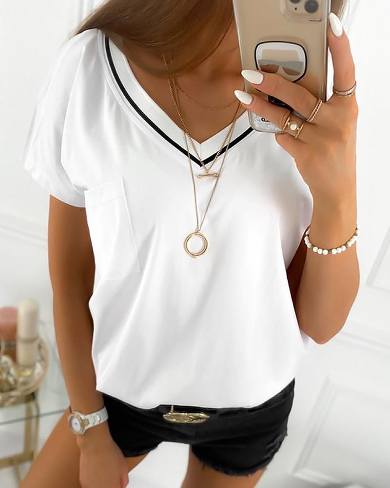 

V Neck Short Sleeve Casual T-shirt, White