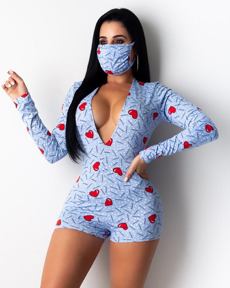 

Mutil Print Buttoned Onesie With Face Mask, Style1