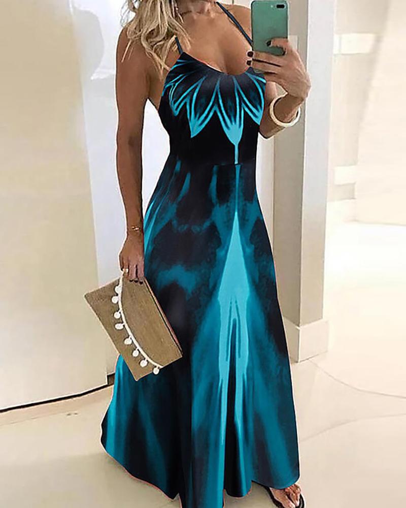 

Spaghetti Strap Floral Tie Dye Print Satin Maxi Dress, Blue