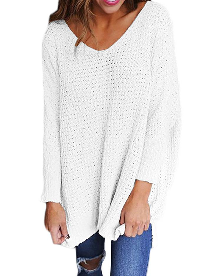 

Solid V Neck Loose Sweater, White