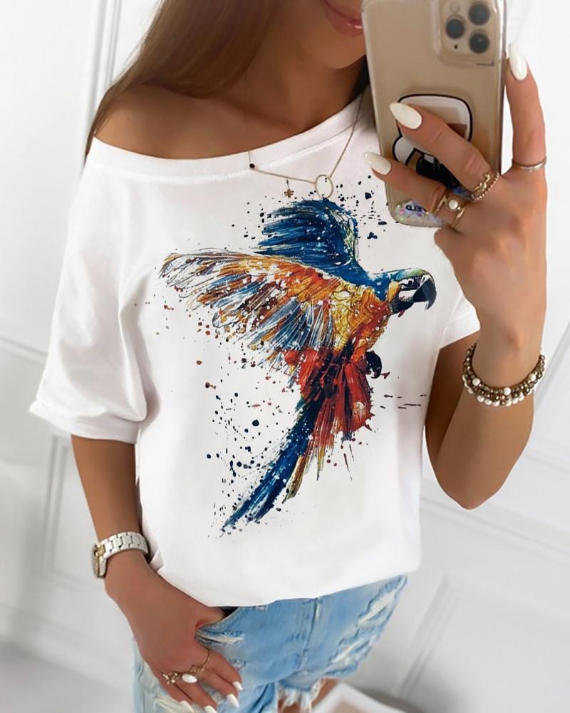 

Parrot Print Short Sleeve Casual T-shirt, White