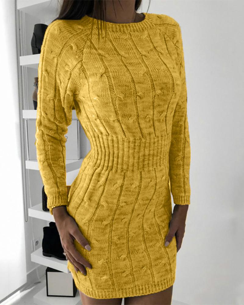 

Solid Long Sleeve Tight Waist Sweater Dress, Yellow