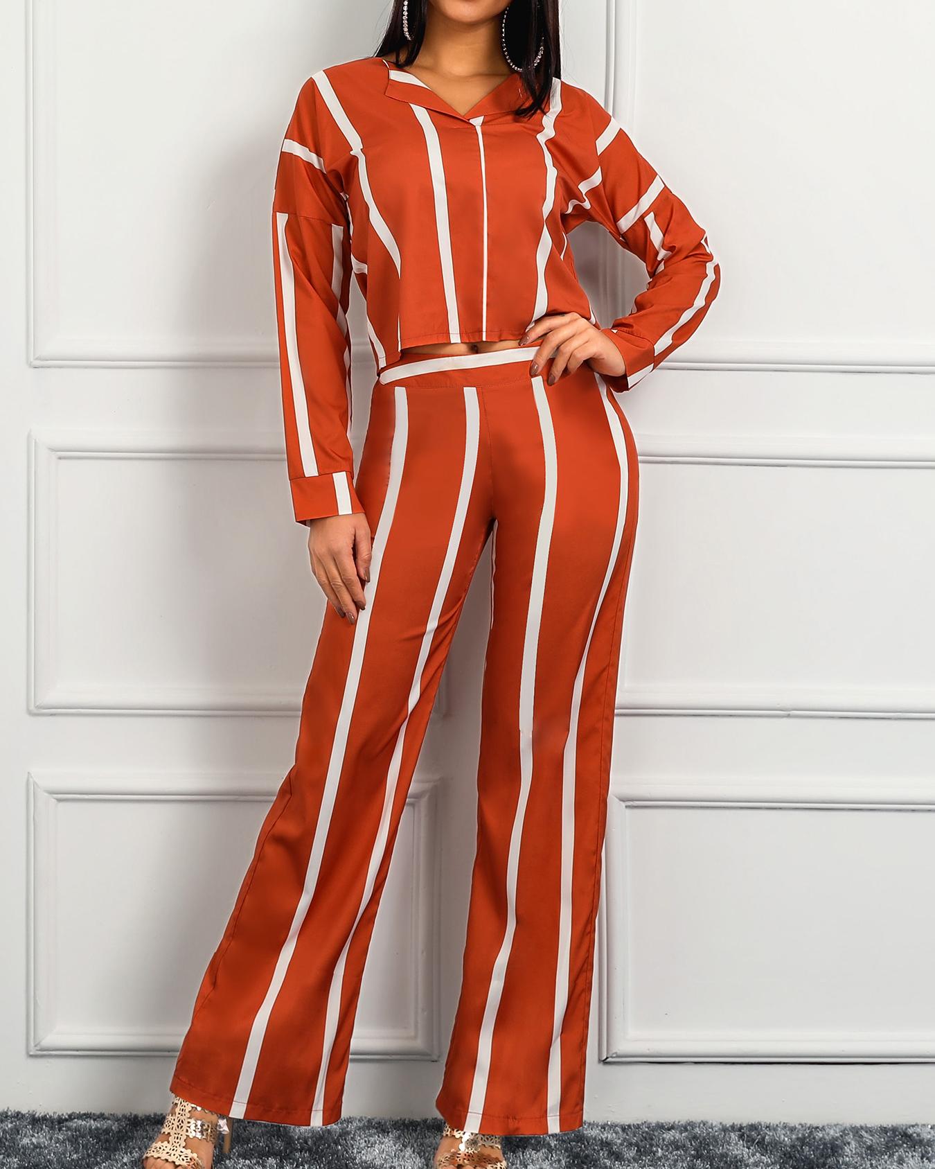 

Striped Print Leisure Blouse And Pants Set, Orange