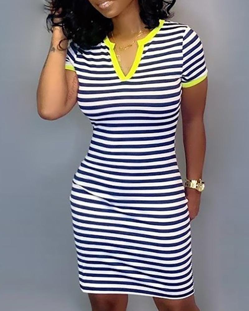 

V Neck Striped Bodycon Dress, Yellow
