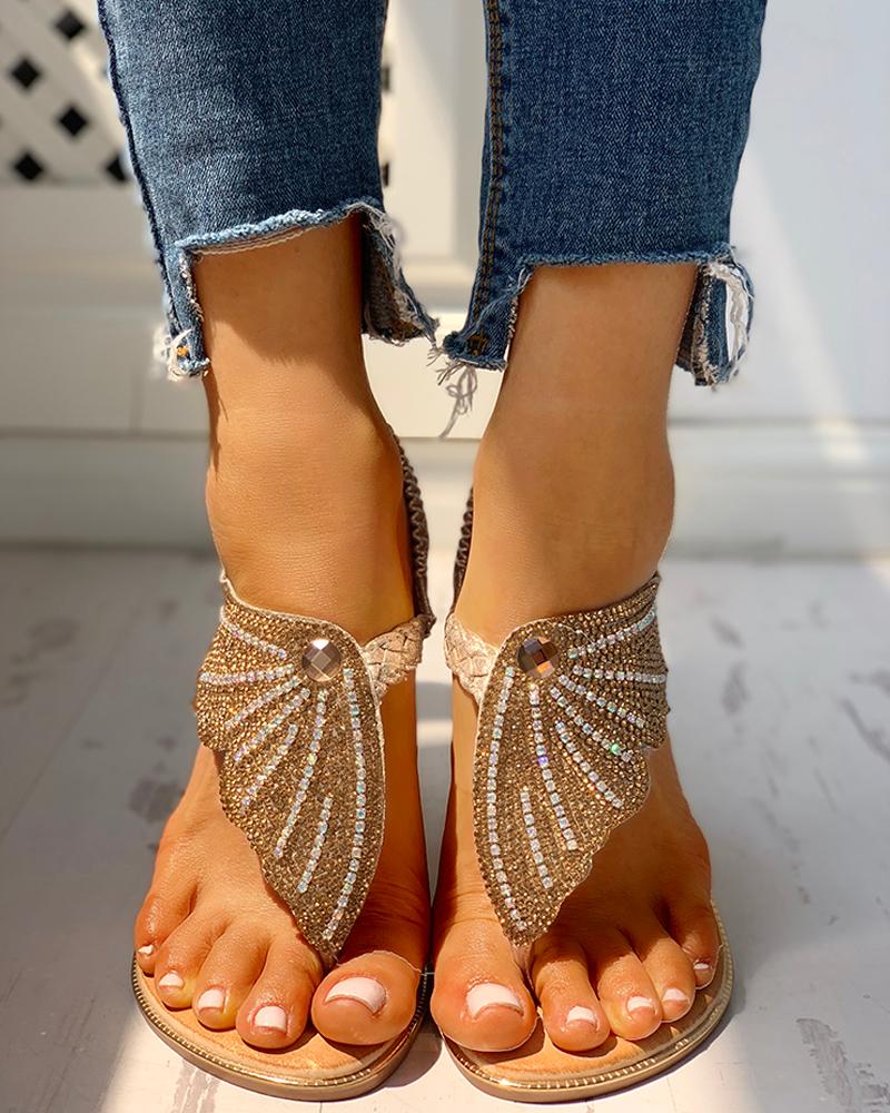 

Studded Detail Toe Post Flat Sandals, Gold