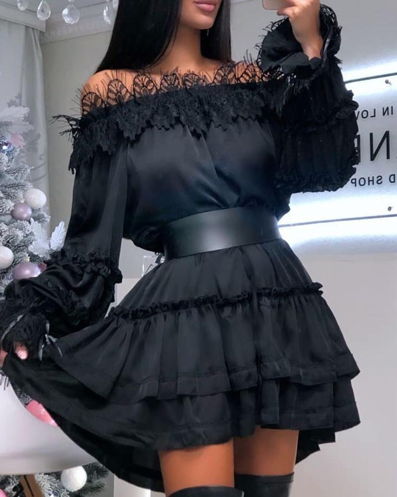 

Eyelash Lace Ruffled Off Shoulder Mini Dress, Black