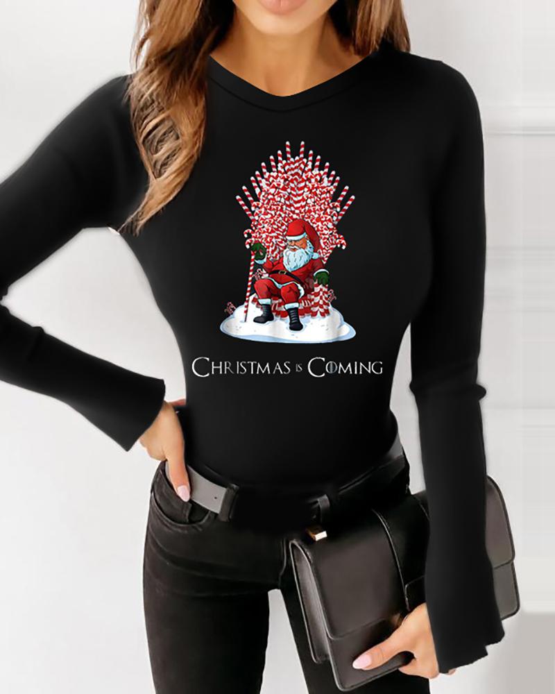 

Christmas Santa Claus Print Bell Sleeve Rib-knit Top, Black