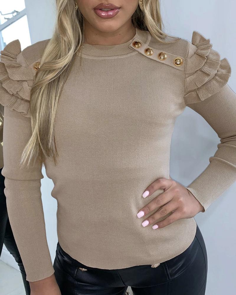 

Ruffles Buttoned Long Sleeve Blouse, Khaki