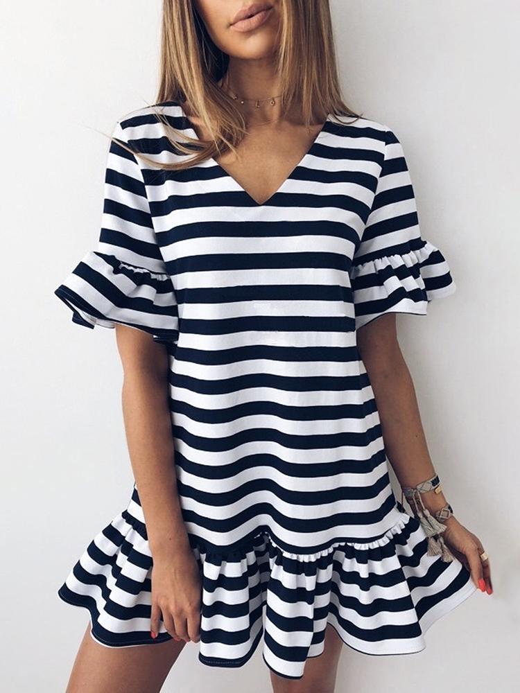 

Striped V-Neck Flutter Hem Casual Dress