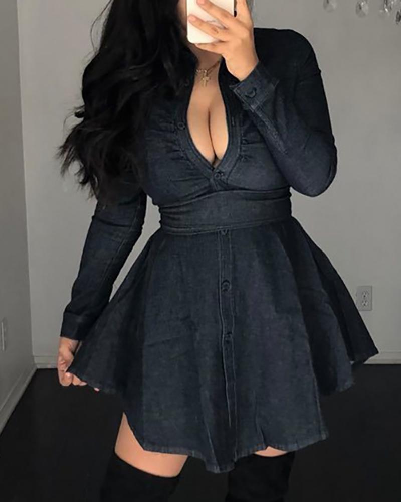 

Solid Plunge Buttoned Ruffles Denim Dress, Black