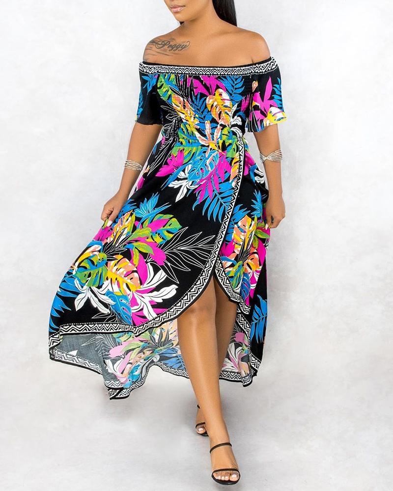 

Off Shoulder Floral / Leaf Print Ruched Dip Hem Maxi Dress, Black