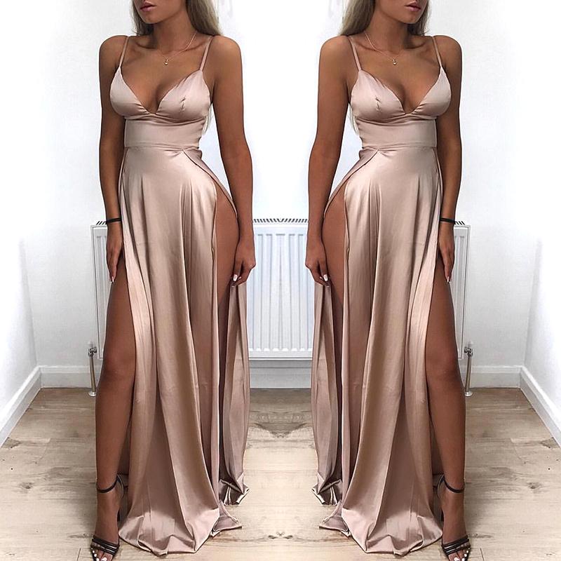 

Low Cut High Slit Maxi Slip Dress, Nude
