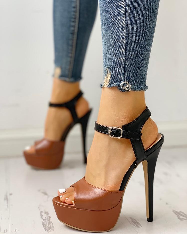 

Contrast Color Platform Thin Heeled Sandals, Black