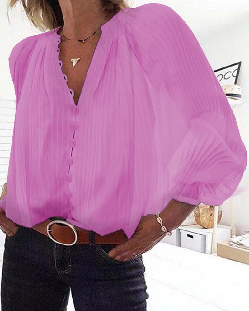

V-Neck Button Through Pleated Blouse, Purple