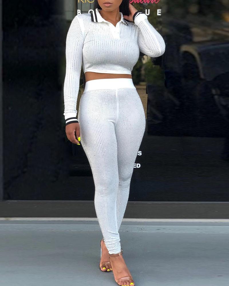 

Turn-down Collar Striped Hot Stamping Crop Top & Pants Sets, White