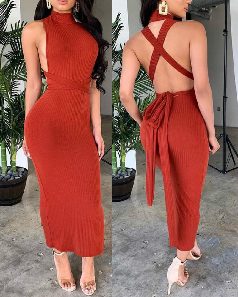 

Solid Ribbed Crisscross Backless Dress