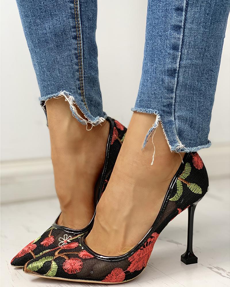 

Pointed Toe Floral Embroidery Thin Heels, Red