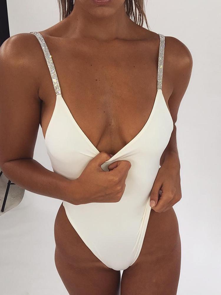 

Shiny Spaghetti Strap One-Piece Swimwear, Red