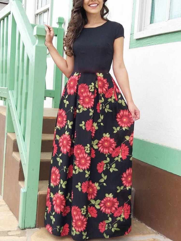 

Floral Print Splicing Pleated Maxi Dress