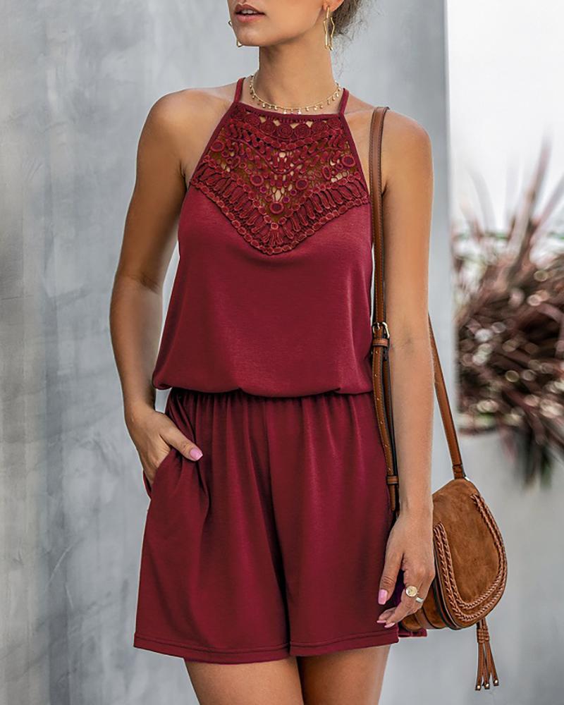 

Lace Insert Sleeveless Solid Romper, Wine red