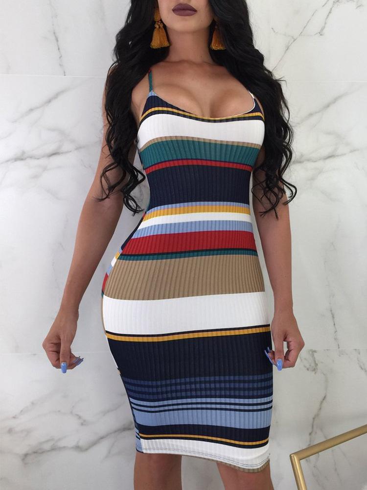 

Contrast Striped Spaghetti Strap Bodycon Dress, Multicolor