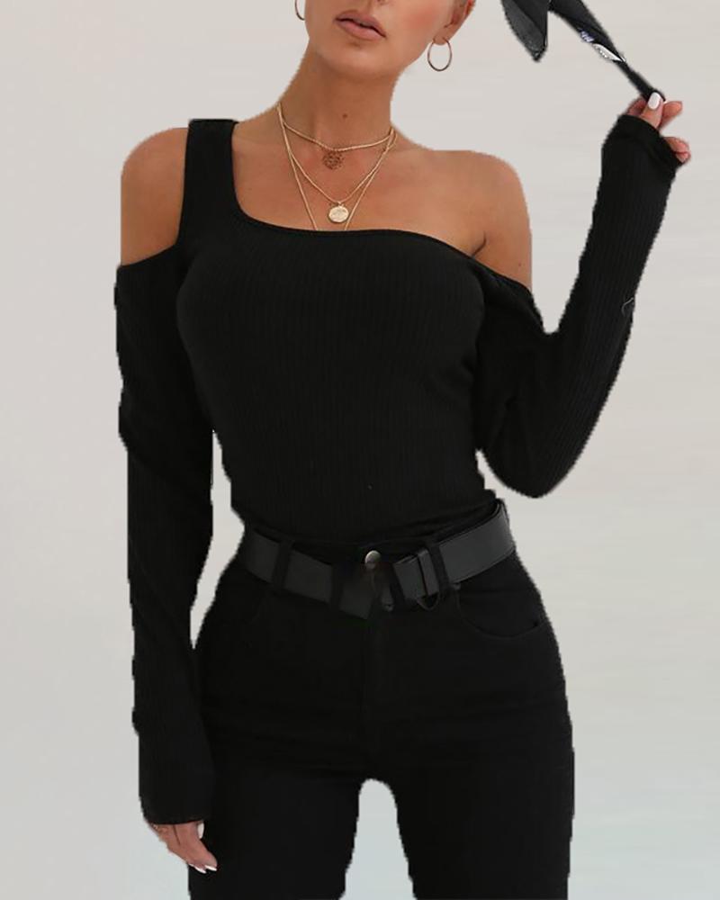 

Solid Ribbed Cold Shoulder Casual Blouse, Black